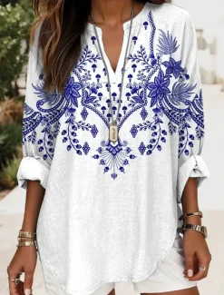 Online Women's Blouse Tunic V Neck Long Sleeve Boho Casual Tops Floral Graphic Vintage Regular Tops Daily Print White Red Royal Blue Purple Green Women Blouses & Shirts|Boho Tops