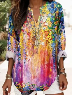 Hot Women's Blouse Tunic V Neck Long Sleeve Boho Casual Floral Graphic Vintage Tropical Regular Tops Daily Vacation Wear Print Black Pink Women Boho Tops