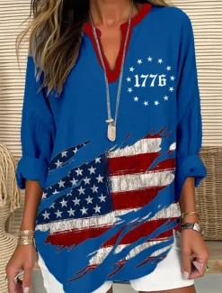 Hot Women's Blouse Tunic V Neck Long Sleeve Boho Casual Patriotic Graphic Flag Vintage Tropical Regular Tops Daily Wear Print Black White Red Blue Women Independence Day Top