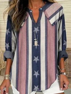 Discount Women's Blouse Tunic V Neck Long Sleeve Boho Casual Patriotic Graphic Flag Vintage Tropical Regular Tops Daily Wear Print Red Blue Women Independence Day Top