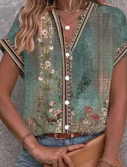 Clearance Women's Blouse V Neck Button Down Blouse Floral Graphic Vintage Stylish Ethnic Short Sleeve Notched Neck Regular Tops Daily Buttons Print Summer Spring Women Boho Tops