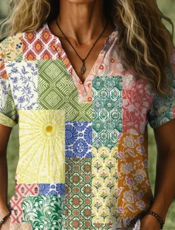New Women's Blouse V Neck Floral Graphic Paisley Stylish Short Sleeve Notched Neck Regular Tops Daily Print Summer Women Blouses & Shirts
