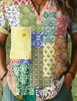 New Women's Blouse V Neck Floral Graphic Paisley Stylish Short Sleeve Notched Neck Regular Tops Daily Print Summer Women Blouses & Shirts