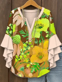 Discount Women's Blouse V Neck Floral Graphic Elegant Bohemia Ethnic 3/4 Length Sleeve Regular Tops Daily Holiday Vacation Wear Ruffle Print Yellow Red Blue Purple Green Summer Spring Fall Women Blouses & Shirts