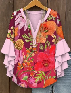 Discount Women's Blouse V Neck Floral Graphic Elegant Bohemia Ethnic 3/4 Length Sleeve Regular Tops Daily Holiday Vacation Wear Ruffle Print Yellow Red Blue Purple Green Summer Spring Fall Women Blouses & Shirts