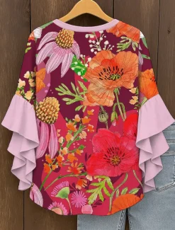 Discount Women's Blouse V Neck Floral Graphic Elegant Bohemia Ethnic 3/4 Length Sleeve Regular Tops Daily Holiday Vacation Wear Ruffle Print Yellow Red Blue Purple Green Summer Spring Fall Women Blouses & Shirts