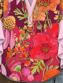 Discount Women's Blouse V Neck Floral Graphic Elegant Bohemia Ethnic 3/4 Length Sleeve Regular Tops Daily Holiday Vacation Wear Ruffle Print Yellow Red Blue Purple Green Summer Spring Fall Women Blouses & Shirts