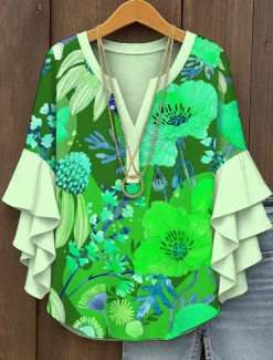 Discount Women's Blouse V Neck Floral Graphic Elegant Bohemia Ethnic 3/4 Length Sleeve Regular Tops Daily Holiday Vacation Wear Ruffle Print Yellow Red Blue Purple Green Summer Spring Fall Women Blouses & Shirts