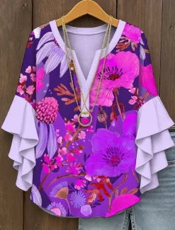 Discount Women's Blouse V Neck Floral Graphic Elegant Bohemia Ethnic 3/4 Length Sleeve Regular Tops Daily Holiday Vacation Wear Ruffle Print Yellow Red Blue Purple Green Summer Spring Fall Women Blouses & Shirts