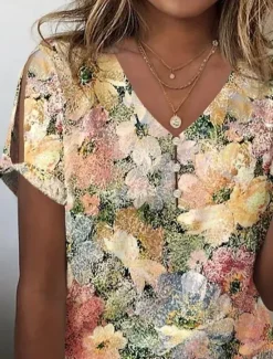 New Women's Blouse V Neck Floral Graphic Casual Short Sleeve Regular Tops Daily Buttons Print Summer Women Spring Tops