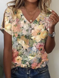 New Women's Blouse V Neck Floral Graphic Casual Short Sleeve Regular Tops Daily Buttons Print Summer Women Spring Tops