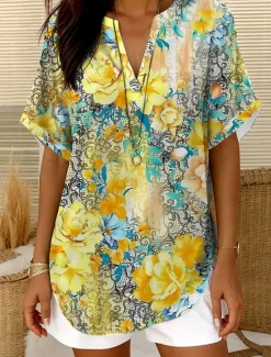 Best Women's Blouse V Neck Floral Graphic Striped Elegant Daily Casual Sleeveless Short Sleeve Notched Neck Regular Tops Daily Holiday Going out White Yellow Blue Khaki Summer Spring Women Blouses & Shirts