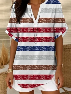 Best Women's Blouse V Neck Floral Graphic Striped Elegant Daily Casual Sleeveless Short Sleeve Notched Neck Regular Tops Daily Holiday Going out White Yellow Blue Khaki Summer Spring Women Blouses & Shirts