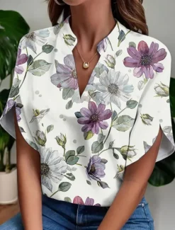 Discount Women's Blouse V Neck Floral Graphic Bohemia Daily Stylish Short Sleeve Regular Tops Daily Print Summer Spring Women Blouses & Shirts