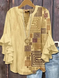 Sale Women's Blouse V Neck Graphic Geometric Bohemia Vintage Daily 3/4 Length Sleeve Regular Tops Daily Holiday Vacation Wear Print Black White Yellow Green Khaki Summer Spring Fall Women Blouses & Shirts