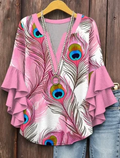 Online Women's Blouse V Neck Graphic Color Gradient Feather Daily Stylish Casual 3/4 Length Sleeve Regular Tops Daily Holiday Vacation Wear Print Pink Blue Purple Green Summer Spring Women Blouses & Shirts