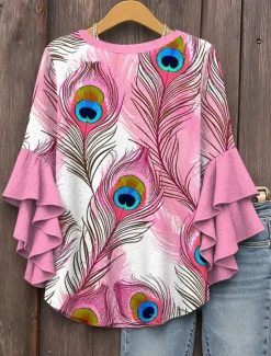 Online Women's Blouse V Neck Graphic Color Gradient Feather Daily Stylish Casual 3/4 Length Sleeve Regular Tops Daily Holiday Vacation Wear Print Pink Blue Purple Green Summer Spring Women Blouses & Shirts