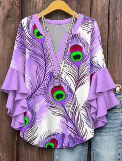Online Women's Blouse V Neck Graphic Color Gradient Feather Daily Stylish Casual 3/4 Length Sleeve Regular Tops Daily Holiday Vacation Wear Print Pink Blue Purple Green Summer Spring Women Blouses & Shirts