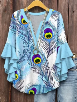 Online Women's Blouse V Neck Graphic Color Gradient Feather Daily Stylish Casual 3/4 Length Sleeve Regular Tops Daily Holiday Vacation Wear Print Pink Blue Purple Green Summer Spring Women Blouses & Shirts