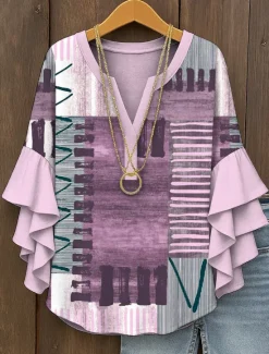Hot Women's Blouse V Neck Graphic Geometric Vintage Daily Stylish 3/4 Length Sleeve Regular Tops Daily Holiday Vacation Wear Ruffle Print Yellow Pink Blue Purple Green Summer Spring Women Blouses & Shirts
