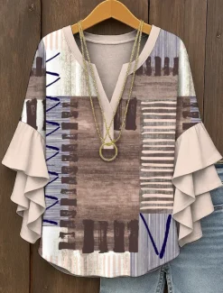 Hot Women's Blouse V Neck Graphic Geometric Vintage Daily Stylish 3/4 Length Sleeve Regular Tops Daily Holiday Vacation Wear Ruffle Print Yellow Pink Blue Purple Green Summer Spring Women Blouses & Shirts