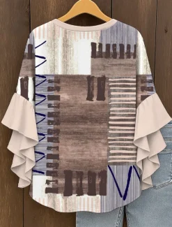 Hot Women's Blouse V Neck Graphic Geometric Vintage Daily Stylish 3/4 Length Sleeve Regular Tops Daily Holiday Vacation Wear Ruffle Print Yellow Pink Blue Purple Green Summer Spring Women Blouses & Shirts