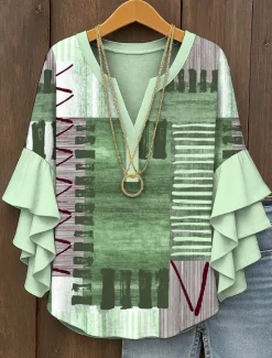 Hot Women's Blouse V Neck Graphic Geometric Vintage Daily Stylish 3/4 Length Sleeve Regular Tops Daily Holiday Vacation Wear Ruffle Print Yellow Pink Blue Purple Green Summer Spring Women Blouses & Shirts