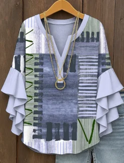 Hot Women's Blouse V Neck Graphic Geometric Vintage Daily Stylish 3/4 Length Sleeve Regular Tops Daily Holiday Vacation Wear Ruffle Print Yellow Pink Blue Purple Green Summer Spring Women Blouses & Shirts