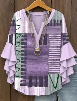 Hot Women's Blouse V Neck Graphic Geometric Vintage Daily Stylish 3/4 Length Sleeve Regular Tops Daily Holiday Vacation Wear Ruffle Print Yellow Pink Blue Purple Green Summer Spring Women Blouses & Shirts