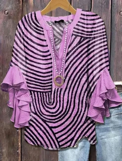 Best Women's Blouse V Neck Graphic Striped Daily Stylish Casual 3/4 Length Sleeve Regular Tops Daily Holiday Vacation Wear Print Blue Purple Green Khaki Summer Spring Women Blouses & Shirts