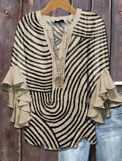 Best Women's Blouse V Neck Graphic Striped Daily Stylish Casual 3/4 Length Sleeve Regular Tops Daily Holiday Vacation Wear Print Blue Purple Green Khaki Summer Spring Women Blouses & Shirts