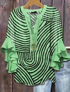 Best Women's Blouse V Neck Graphic Striped Daily Stylish Casual 3/4 Length Sleeve Regular Tops Daily Holiday Vacation Wear Print Blue Purple Green Khaki Summer Spring Women Blouses & Shirts