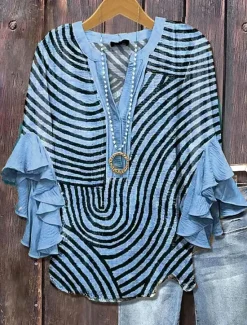 Best Women's Blouse V Neck Graphic Striped Daily Stylish Casual 3/4 Length Sleeve Regular Tops Daily Holiday Vacation Wear Print Blue Purple Green Khaki Summer Spring Women Blouses & Shirts