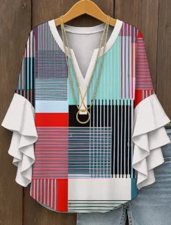 Hot Women's Blouse V Neck Graphic Geometric Plaid Vintage Daily Stylish 3/4 Length Sleeve Regular Tops Daily Holiday Vacation Wear Ruffle Print Yellow Red Blue Purple Green Summer Spring Women Blouses & Shirts