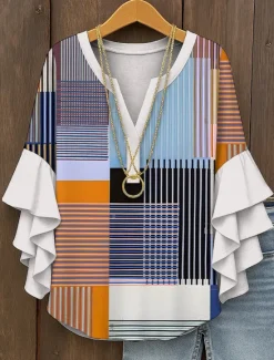 Hot Women's Blouse V Neck Graphic Geometric Plaid Vintage Daily Stylish 3/4 Length Sleeve Regular Tops Daily Holiday Vacation Wear Ruffle Print Yellow Red Blue Purple Green Summer Spring Women Blouses & Shirts