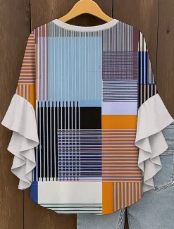 Hot Women's Blouse V Neck Graphic Geometric Plaid Vintage Daily Stylish 3/4 Length Sleeve Regular Tops Daily Holiday Vacation Wear Ruffle Print Yellow Red Blue Purple Green Summer Spring Women Blouses & Shirts