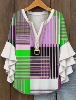 Hot Women's Blouse V Neck Graphic Geometric Plaid Vintage Daily Stylish 3/4 Length Sleeve Regular Tops Daily Holiday Vacation Wear Ruffle Print Yellow Red Blue Purple Green Summer Spring Women Blouses & Shirts