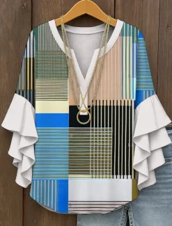 Hot Women's Blouse V Neck Graphic Geometric Plaid Vintage Daily Stylish 3/4 Length Sleeve Regular Tops Daily Holiday Vacation Wear Ruffle Print Yellow Red Blue Purple Green Summer Spring Women Blouses & Shirts