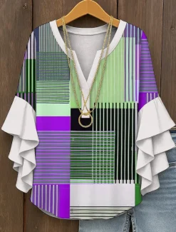 Hot Women's Blouse V Neck Graphic Geometric Plaid Vintage Daily Stylish 3/4 Length Sleeve Regular Tops Daily Holiday Vacation Wear Ruffle Print Yellow Red Blue Purple Green Summer Spring Women Blouses & Shirts
