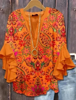 Hot Women's Blouse V Neck Layered Ruffle Sleeve Tops Floral Graphic Bohemia Vintage Daily 3/4 Length Sleeve Regular Tops Daily Holiday Vacation Wear Print Pink Red Blue Sky Blue Orange Summer Spring Fall Women Blouses & Shirts