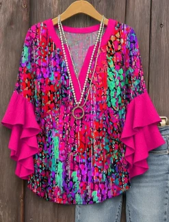 Clearance Women's Blouse V Neck Layered Ruffle Sleeve Tops Graphic Geometric Abstract Daily Stylish Casual 3/4 Length Sleeve Regular Tops Daily Holiday Vacation Wear Print Pink Red Blue Purple Summer Spring Women Blouses & Shirts