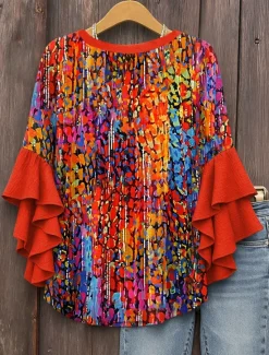 Clearance Women's Blouse V Neck Layered Ruffle Sleeve Tops Graphic Geometric Abstract Daily Stylish Casual 3/4 Length Sleeve Regular Tops Daily Holiday Vacation Wear Print Pink Red Blue Purple Summer Spring Women Blouses & Shirts