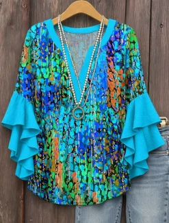 Clearance Women's Blouse V Neck Layered Ruffle Sleeve Tops Graphic Geometric Abstract Daily Stylish Casual 3/4 Length Sleeve Regular Tops Daily Holiday Vacation Wear Print Pink Red Blue Purple Summer Spring Women Blouses & Shirts