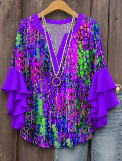 Clearance Women's Blouse V Neck Layered Ruffle Sleeve Tops Graphic Geometric Abstract Daily Stylish Casual 3/4 Length Sleeve Regular Tops Daily Holiday Vacation Wear Print Pink Red Blue Purple Summer Spring Women Blouses & Shirts