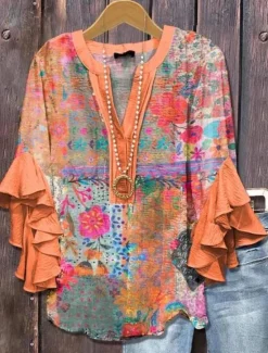 Sale Women's Blouse V Neck Layered Ruffle Sleeve Tops Floral Graphic Striped Daily Stylish Casual 3/4 Length Sleeve Regular Tops Daily Holiday Vacation Wear Print White Blue Sky Blue Orange Green Summer Women Blouses & Shirts