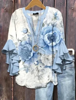 New Women's Blouse V Neck Ombre Floral Graphic Elegant Bohemia Stylish 3/4 Length Sleeve Regular Tops Daily Holiday Vacation Wear Ruffle Print Blush Pink Light Green Light Blue Summer Spring Fall Women Blouses & Shirts