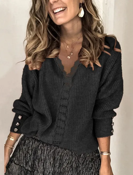 Clearance Women's Blouse Vintage Casual Lace Long Sleeve V Neck Work Black White Pink Green Spring Fall Winter Women Lace Tops