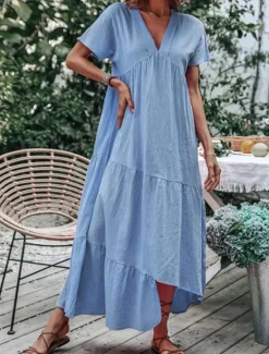 Clearance Women's Blue Sky Blue Green Summer Spring Maxi Dress Cotton Linen Dresses Casual Dress Basic Modern Daily Weekend Loose Fit Plain V Neck Women Dresses