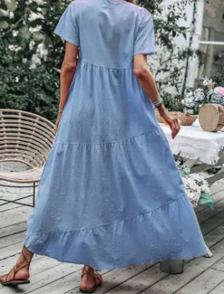 Clearance Women's Blue Sky Blue Green Summer Spring Maxi Dress Cotton Linen Dresses Casual Dress Basic Modern Daily Weekend Loose Fit Plain V Neck Women Dresses