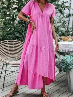 Clearance Women's Blue Sky Blue Green Summer Spring Maxi Dress Cotton Linen Dresses Casual Dress Basic Modern Daily Weekend Loose Fit Plain V Neck Women Dresses